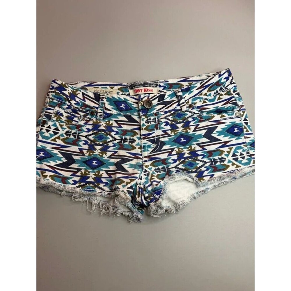 Hot Kiss Cici Shorts Size 1 Blue & White Aztec Western Fringe Hem Y2K Retro